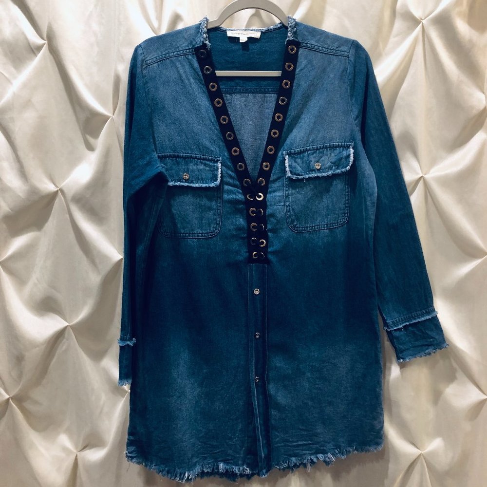 Hot and Delicious Womens Long Frayed Tunic Denim Shirt Lace-up Closure Size S